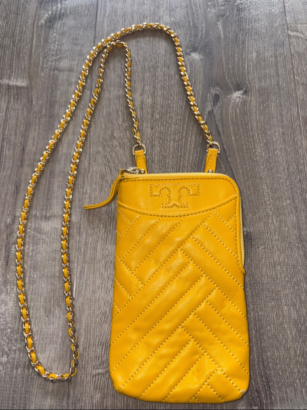Tory Burch Yellow Quilted Leather Chain Crossbody Phone Pouch